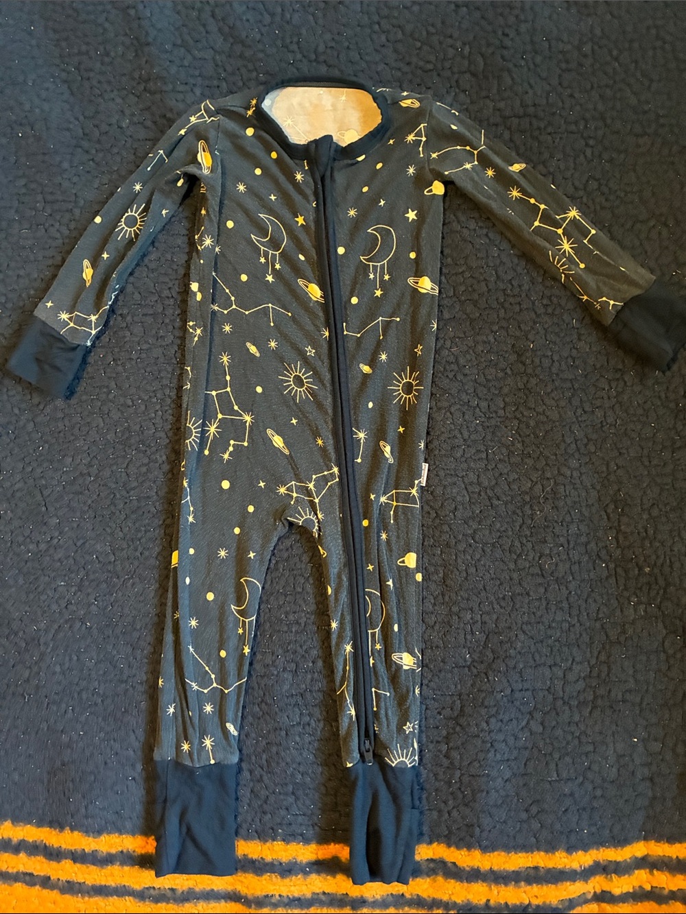 Bamboo bud blue One-Piece Footie with Gold Space Print